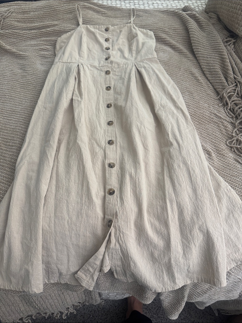 SHEIN Cream Button-Front Spaghetti Strap Skater Dress